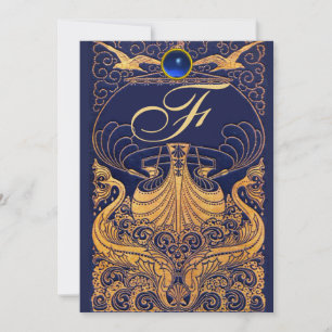 Antikes Gefäß, Delfine, Gold, Marineblaues Monogra Einladung