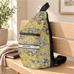 Antikes gelbes Blumen-See Toile de Jouy Monogramm Crossbody Bag