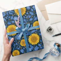 Antikes Gelbes Sonnenblumen Blaues Blumenmuster