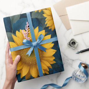 Antikes Gelbes Sonnenblumen-Blaues Blumenmuster Geschenkpapier