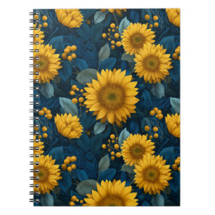 Antikes Gelbes Sonnenblumen Blaues Blumenmuster Notizblock