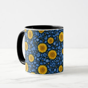 Antikes gelbes Sonnenblumen blaues Blumenmuster Tasse