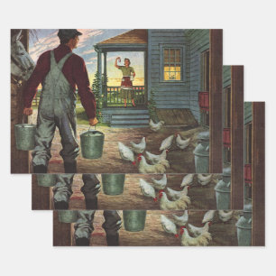 Antikes Geschäft, Bauernhof mit Landwirt und Hühne Geschenkpapier Set