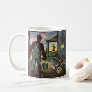 Antikes Geschäft, Bauernhof mit Landwirt und Hühne Kaffeetasse