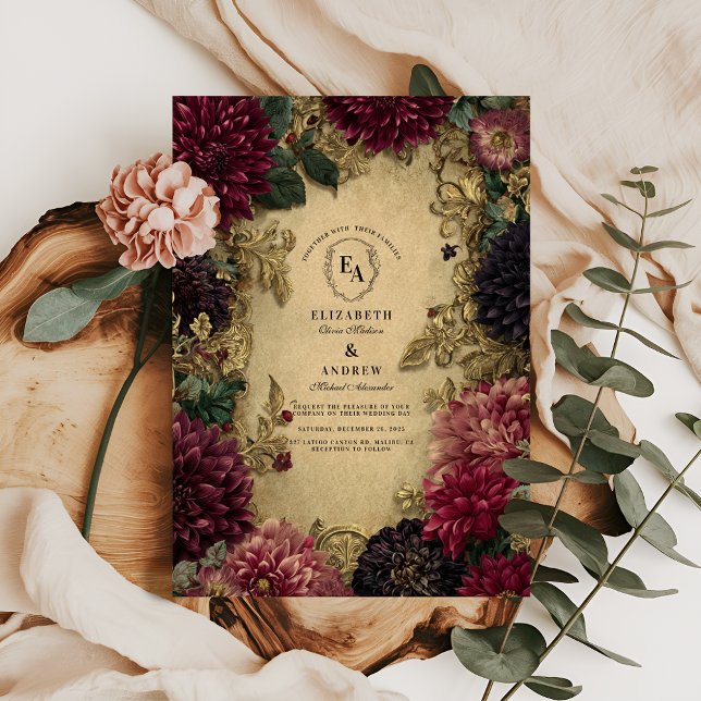 Antikes Gold Barock und Burgund Dahlia Romantik Einladung (Von Creator hochgeladen)