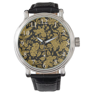 Antikes Gold-Blumen-Indisch-Lackarbeit-Schwarz-Mus Armbanduhr