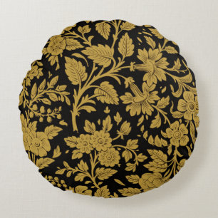 Antikes Gold-Blumen-Indisch-Lackarbeit-Schwarz-Mus Rundes Kissen