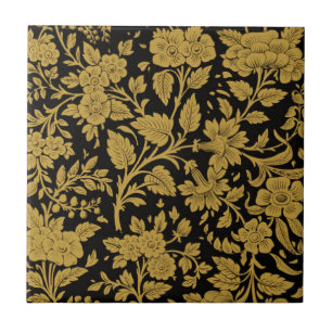Antikes Gold-Blumenmuster Indische Lackarbeit Schw Fliese