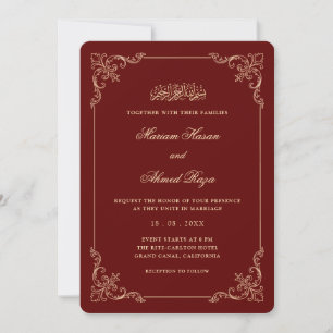 Antikes Gold-Bordeaux-Rot Muslim Hochzeitsmotiv Einladung