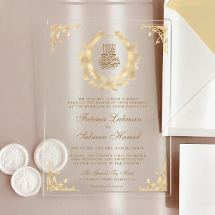 Antikes Gold Crest Muslimische Hochzeit Acryleinladungen