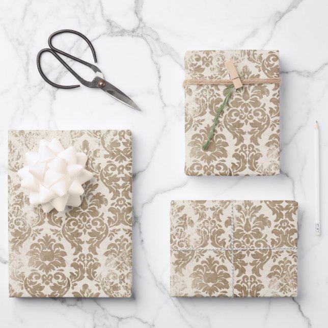 Antikes Gold Damask Muster Geschenkpapier Set (Vorderseite)