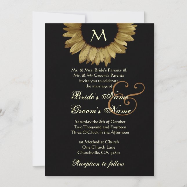 Antikes Gold farbige Sonnenblume-Hochzeit Einladung (Vorderseite)