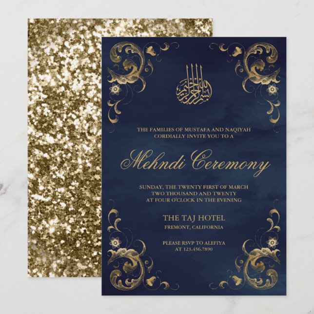 Antikes Gold Rahmen Navy Blue Islamic Mehndi Einladung (Vorne/Hinten)