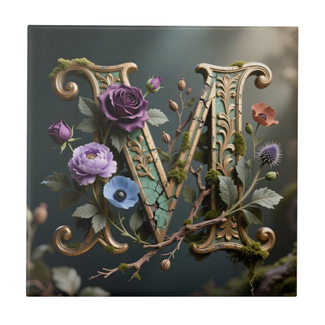 Antikes goldenes Blumenmonogramm Buchstabe M Fliese (Vorderseite)