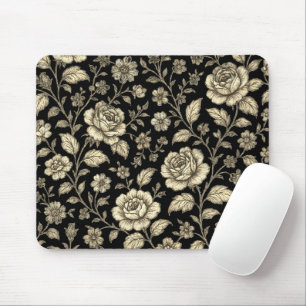 Antikes Goldrosen-Blumenmuster auf Schwarz Mousepad