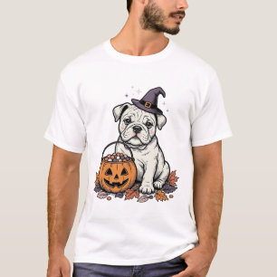 Antikes graviertes Halloween-Bulldoggen-Kürbisdesi T-Shirt