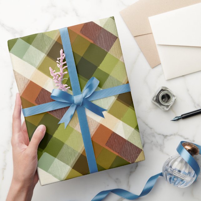 Antikes Grün Braun Karo Weizen Karomuster Geschenkpapier (Schenken)