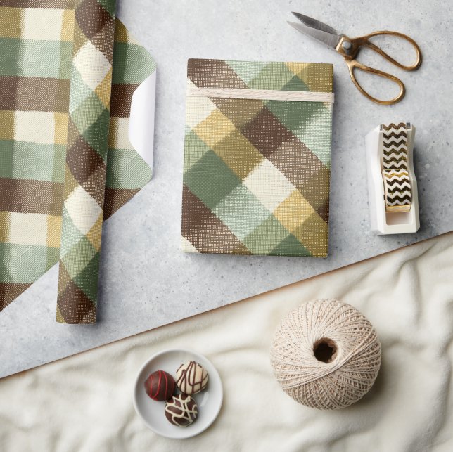 Antikes Grün Braun Karo Weizen Karomuster Geschenkpapier (Kunsthandwerk)