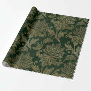Antikes Grün- und Gold-Kunstblumen-Weihnachtsvelou Geschenkpapier