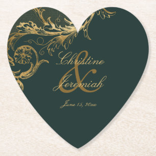 Antikes grünes Gold Blumen Damast Schrift Hochzeit Untersetzer