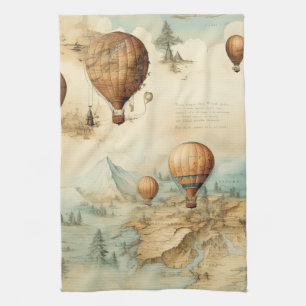 Antikes Heißluftballon-Sepia-Karten-Landschaftsbil Geschirrtuch