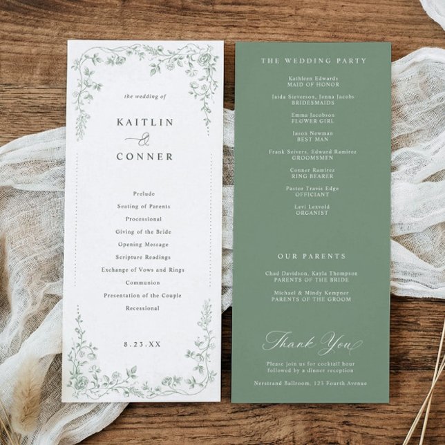Antikes Hellgrün Viktorianisch Blumig Französische Programm (Sage green wedding program with vintage French chinoiserie floral frame)