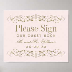 Antikes Hochzeitgästebuch-Schild mit zartrosa Schn Poster