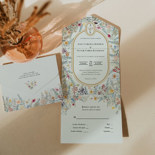 Antikes Hochzeitsmonogramm mit Wildblumen in Mintg All In One Einladung