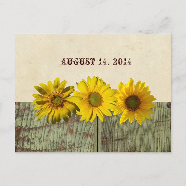 Antikes Holz Gelbe Sonnenblume Save the Date Ankündigungspostkarte (Vorderseite)