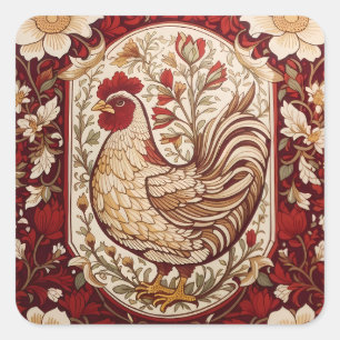 Antikes Huhn Rot und Creme Blumenmuster Quadratischer Aufkleber