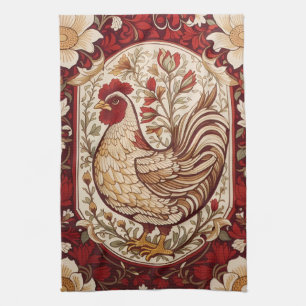 Antikes Huhn Rot und Creme Floral Geschirrtuch