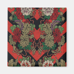 Antikes japanisches florales Pfingstrosen rot-schw Magnet