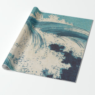 Antikes japanisches Holzblockdruck-Blauer-Ozean-We Geschenkpapier