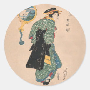 Antikes japanisches Kimono-Frauen-Ukiyo-e-Holzschn Runder Aufkleber