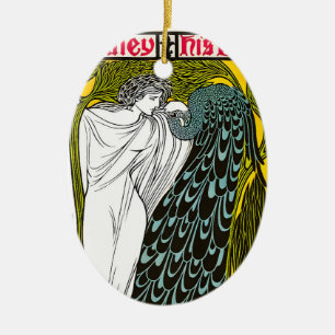 Antikes Jugendstil-Plakat Frau und Pfau Keramik Ornament