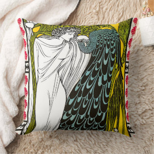 Antikes Jugendstil-Plakat Frau und Pfau Kissen