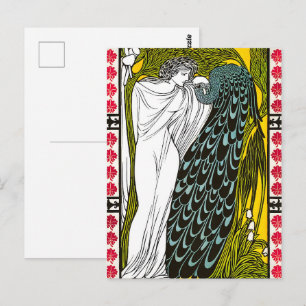 Antikes Jugendstil-Plakat Frau und Pfau Postkarte