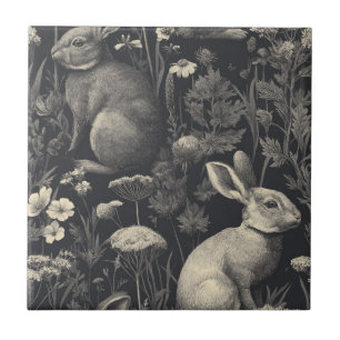 Antikes Kaninchen-Toile Schwarz Botanisches Muster Fliese