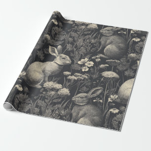 Antikes Kaninchen-Toile Schwarz Botanisches Muster Geschenkpapier