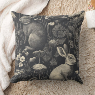 Antikes Kaninchen-Toile Schwarz Botanisches Muster Kissen