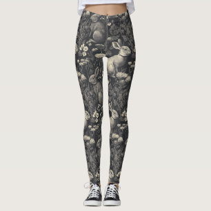 Antikes Kaninchen-Toile Schwarz Botanisches Muster Leggings