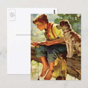 Antikes Kind, Junge fischt mit seinem Hund Mutt Postkarte