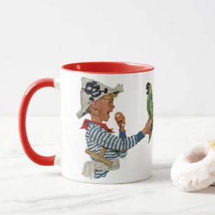 Antikes Kind, Junge spielt Piratenpapagei Tasse