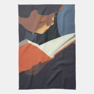 Antikes Kind liest ein Buch aus der Bibliothek Küchentuch