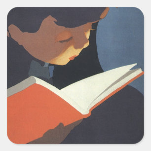 Antikes Kind liest ein Buch aus der Bibliothek Quadratischer Aufkleber