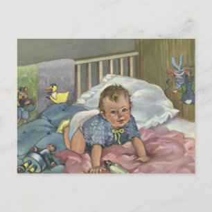 Antikes Kind, süßes Baby spielt im Kinderbett, Nap Postkarte