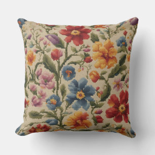 Antikes Kreuzstichmuster mit buntem Blumendesign Kissen