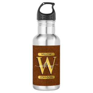 Antikes Kunstleder & Gold-Monogramm Edelstahlflasche