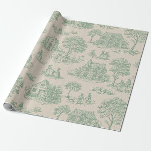 Antikes Landschafts-Toile in Salbeigrün im Landhau Geschenkpapier