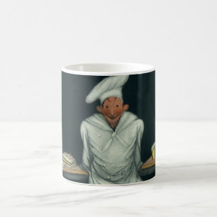 Antikes Lebensmittelgeschäft, Bäcker mit Gebäckdes Kaffeetasse